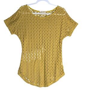 Comme Toi Sz M Sunny Yellow Open Crochet Knit Short‎ Sleeve Top Boho Lightweight
